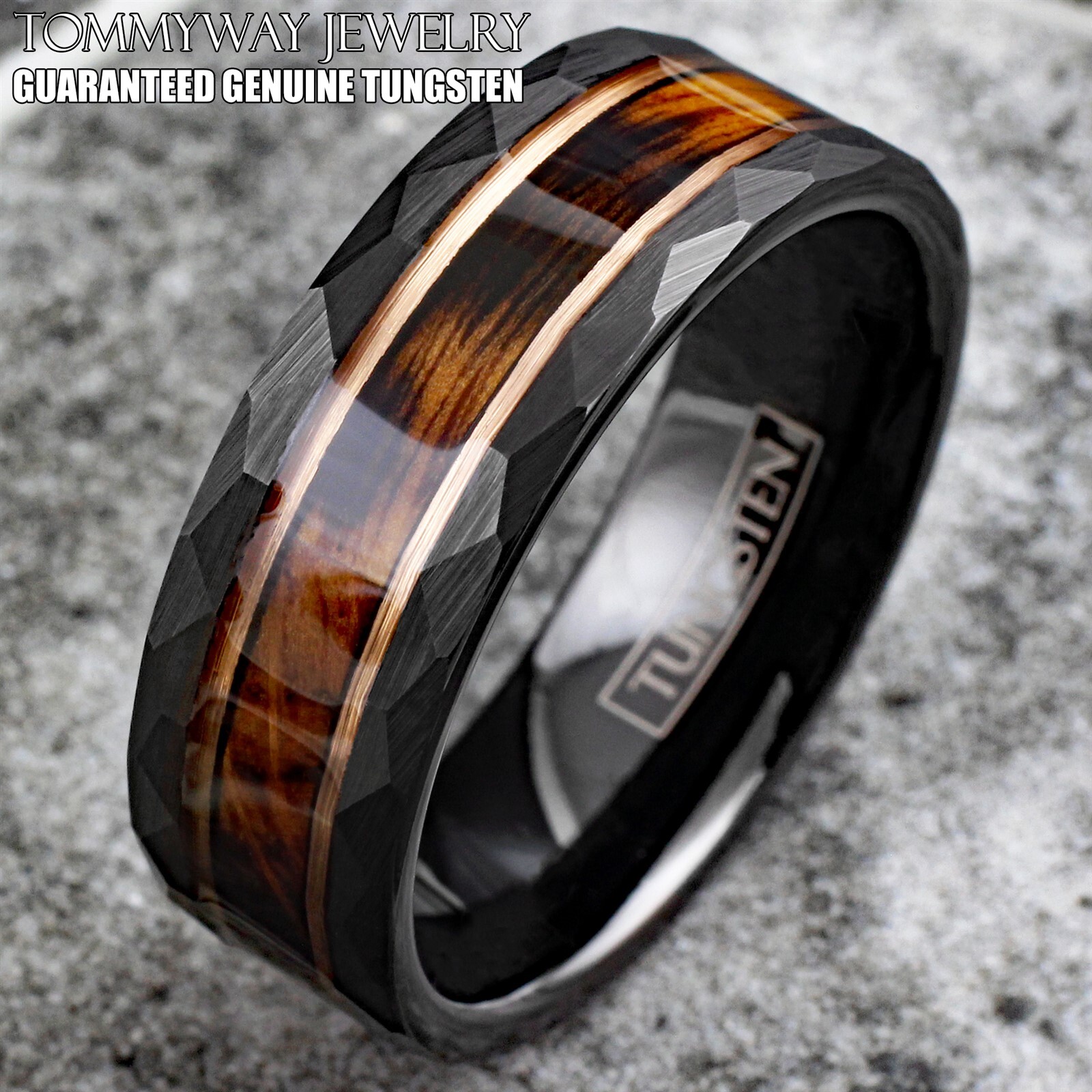 Black Tungsten Men’s Ring Charred Whiskey Barrel Rose Gold Plated Wedding Band