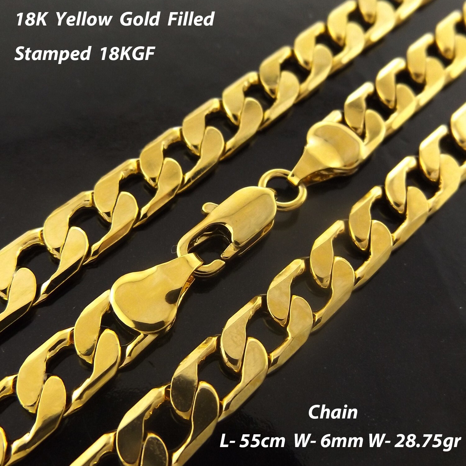 Necklace Real 18Kt Yellow Gold Filled Solid 6mm Curb Cuban Chain 55 cm : 22 inch