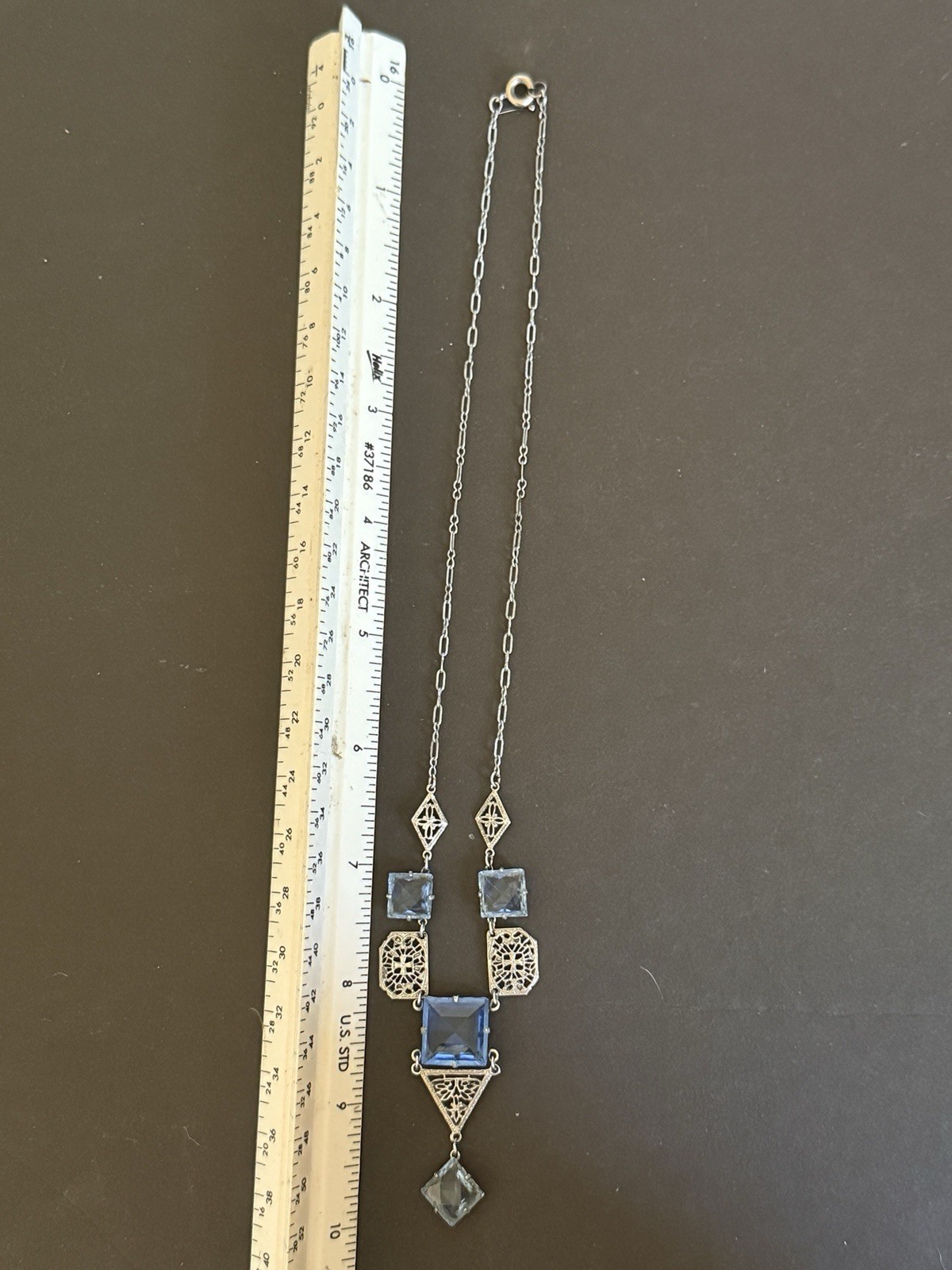 Art Deco 1920’s Filigree Flapper Necklace w/ Square Cut Blue Glass