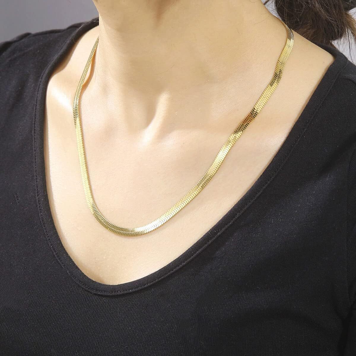 Gold Tone Clavicle Chain Flat Snake Bone Herringbone Choker Neck Necklace Chain