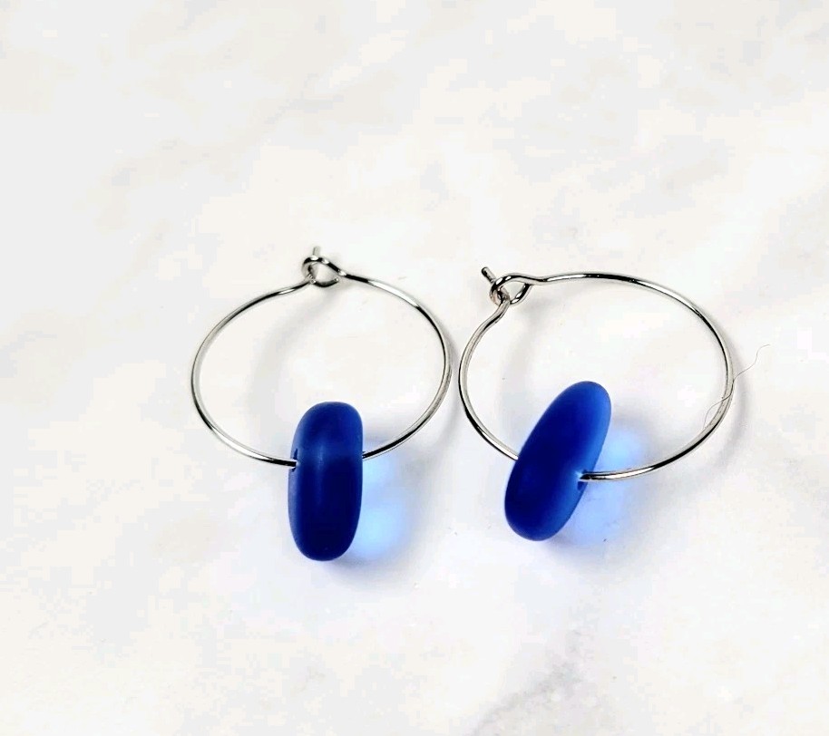 Sea Glass Earrings Blue Handmade – Coastal Boho Hoop Jewelry Gift