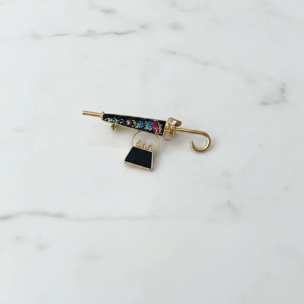 Elegant Gold-Tone Umbrella and Handbag Brooch Pin