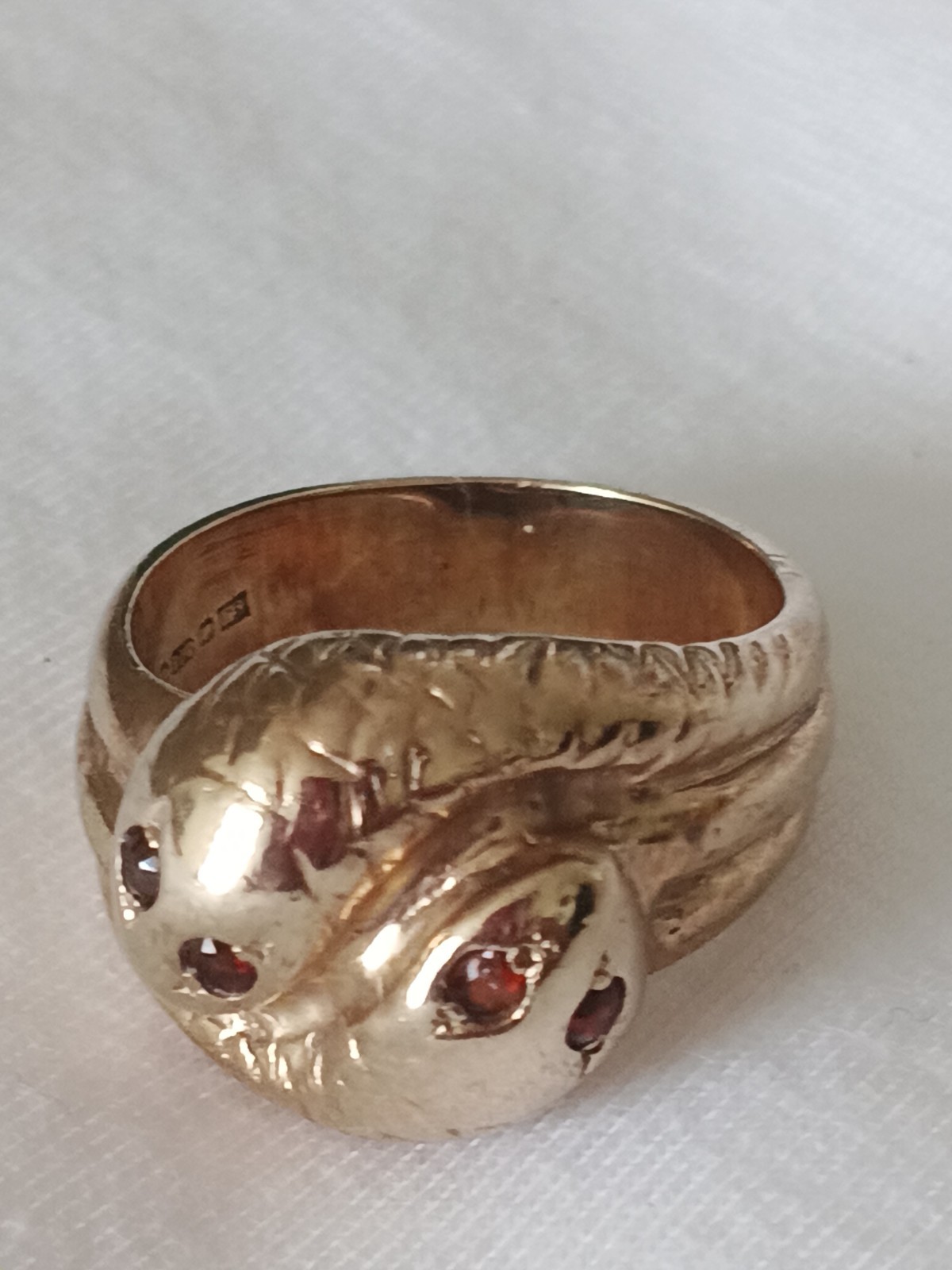 9 Carat Yellow Gold Double Snake Ring Garnet Eyes, Size J/k