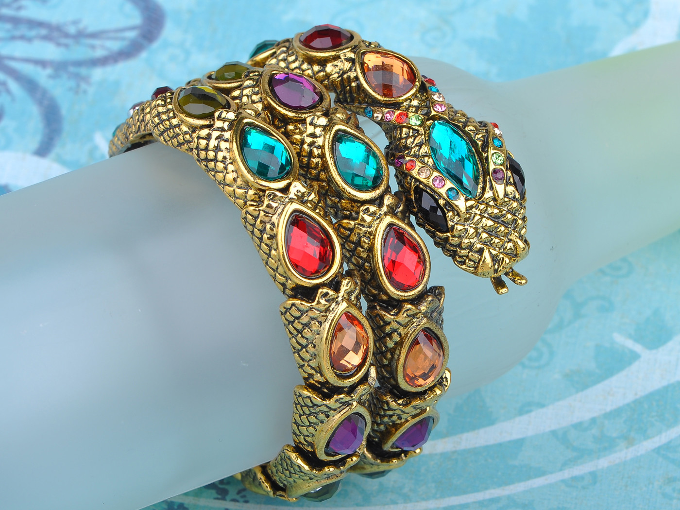 Gold Tone Multi Rhinestones Colorful Egyptian Snake Cuff Wrap Bracelet