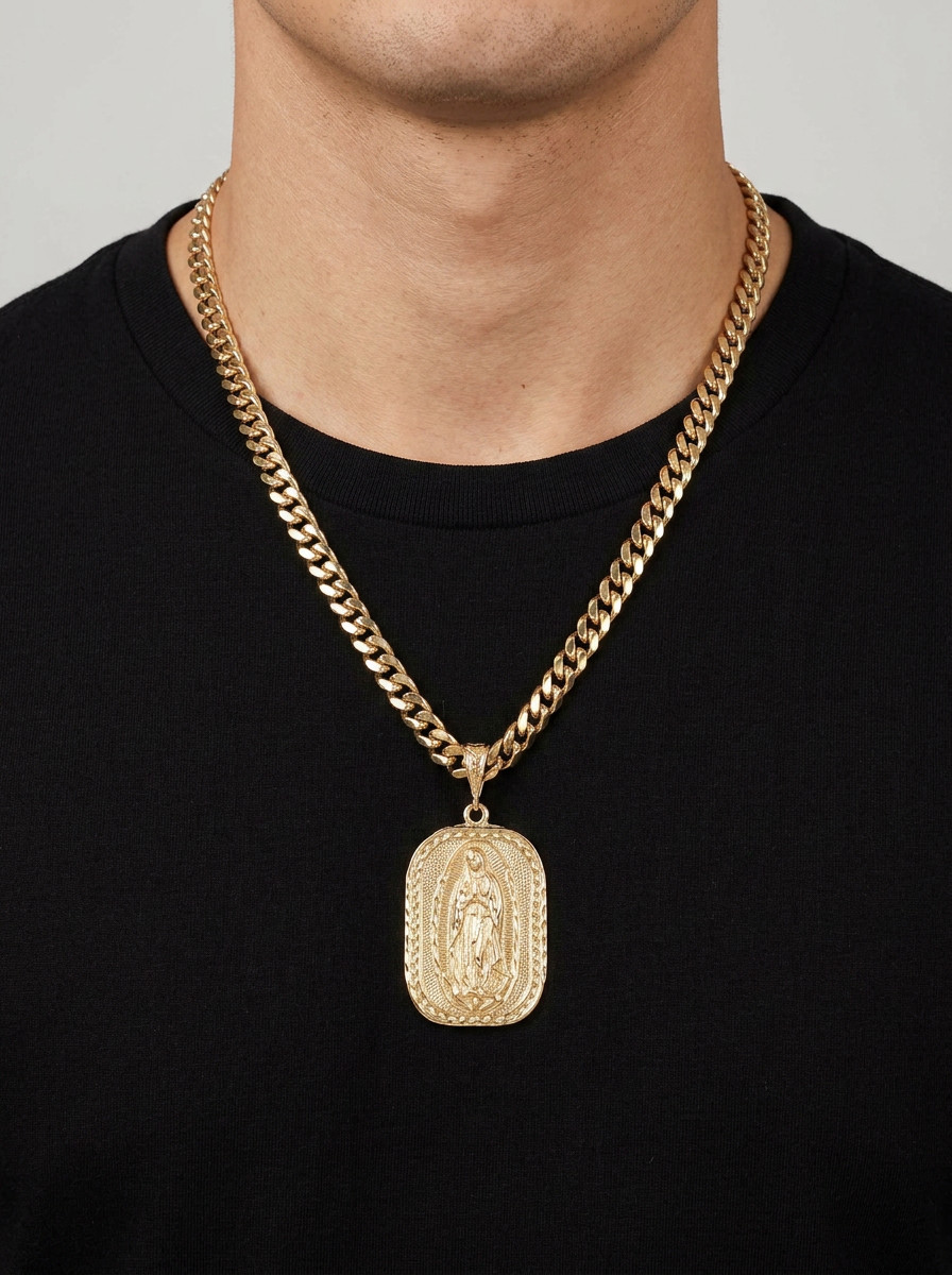 Large Virgin Mary Necklace, Gold Guadalupe Pendant, 14k Heavy Plated, 10mm Cuban