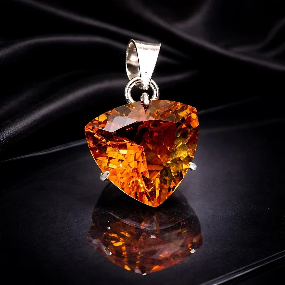 21 Ct Natural Orange Sapphire Trillion Cut Gemstone 925 Solid Silver Pendant