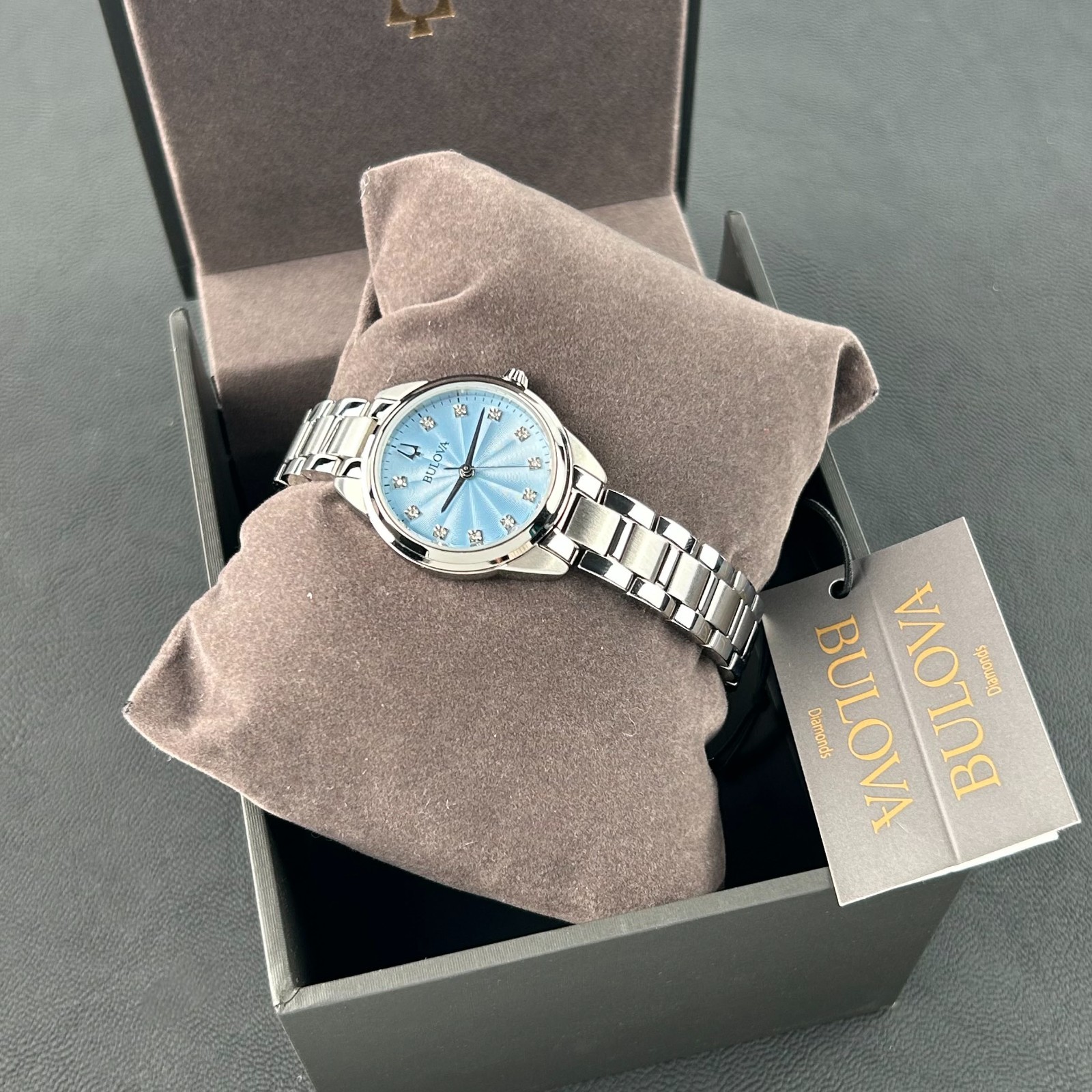 New w/box Bulova Sutton Diamond Blue Dial Women’s 28mm Quartz Watch 96P250