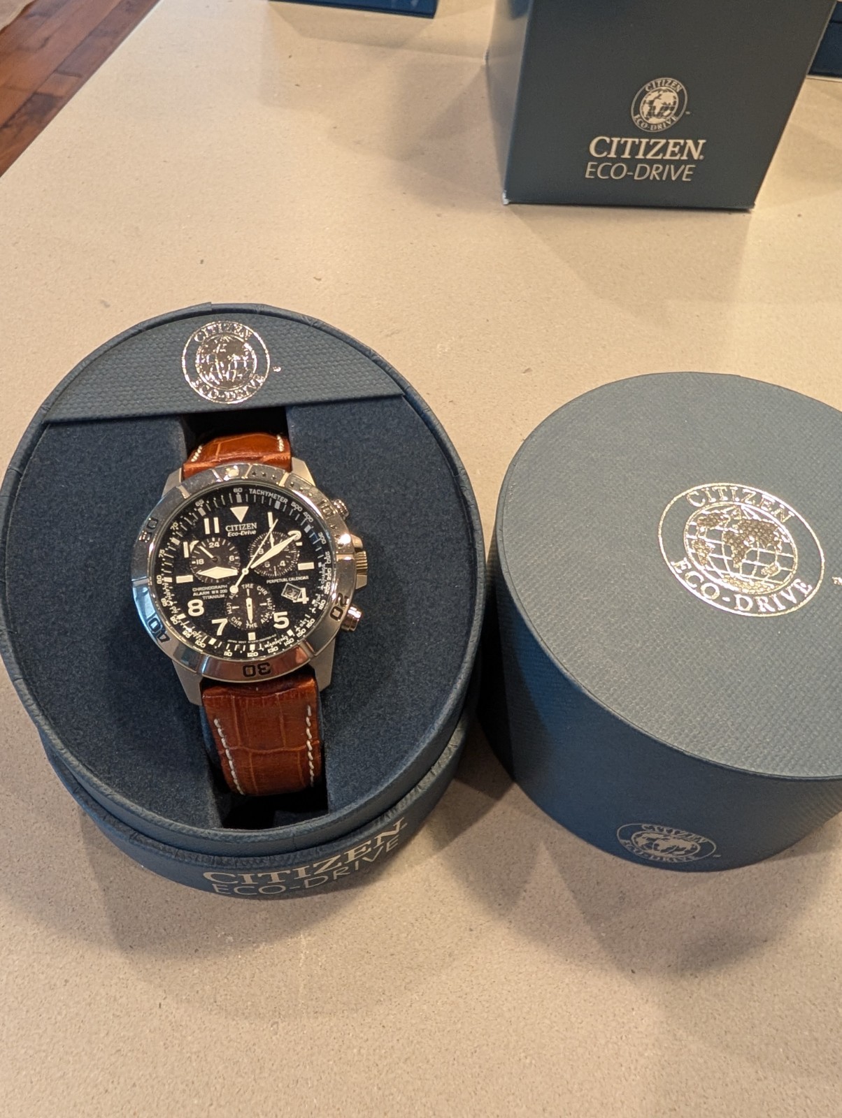 Citizen Eco-Drive Chronograph Perpetual Calendar 200m Blue Dial Brown Leather