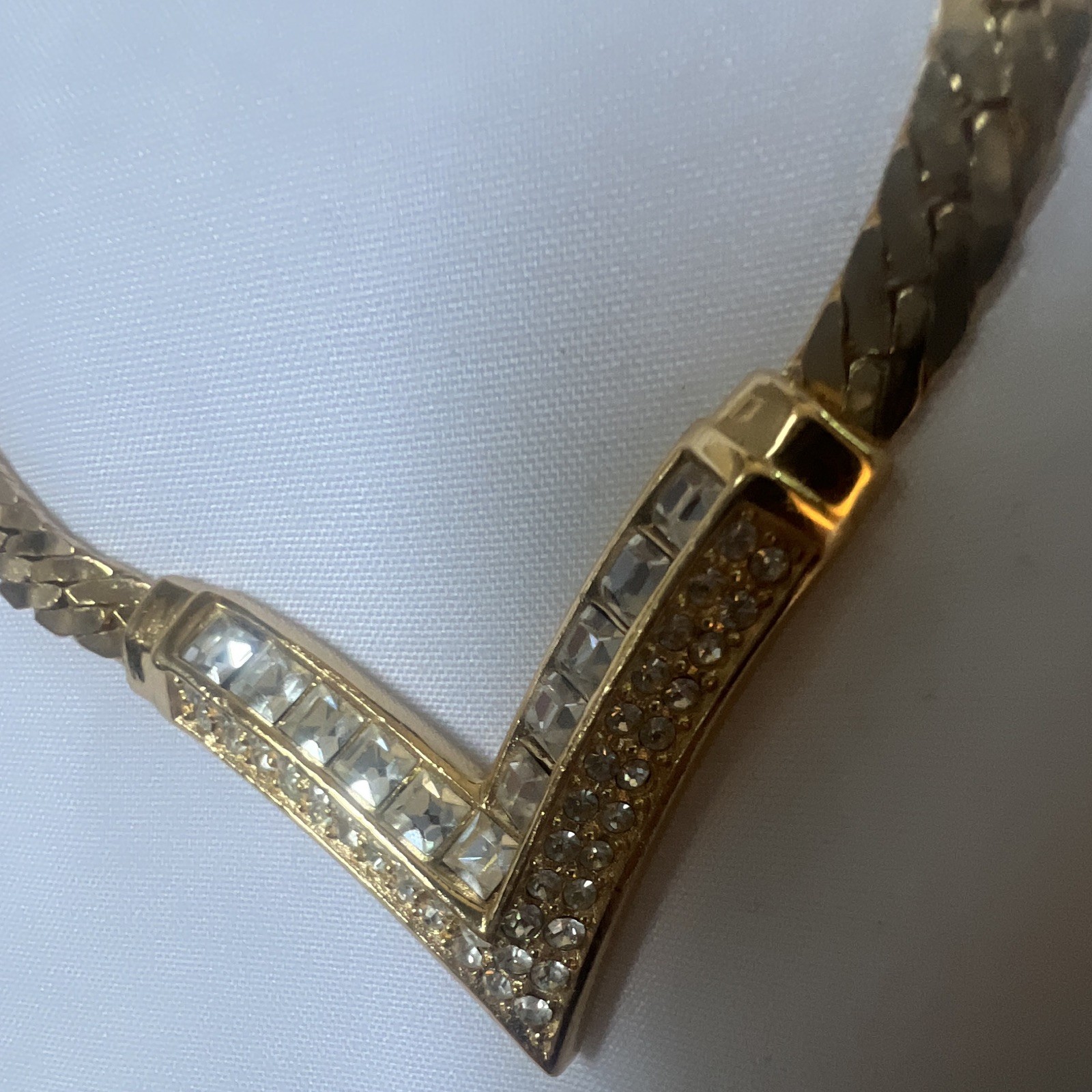 Vintage Christian Dior Gold Tone V Necklace Clear Rhinestone Choker Signed