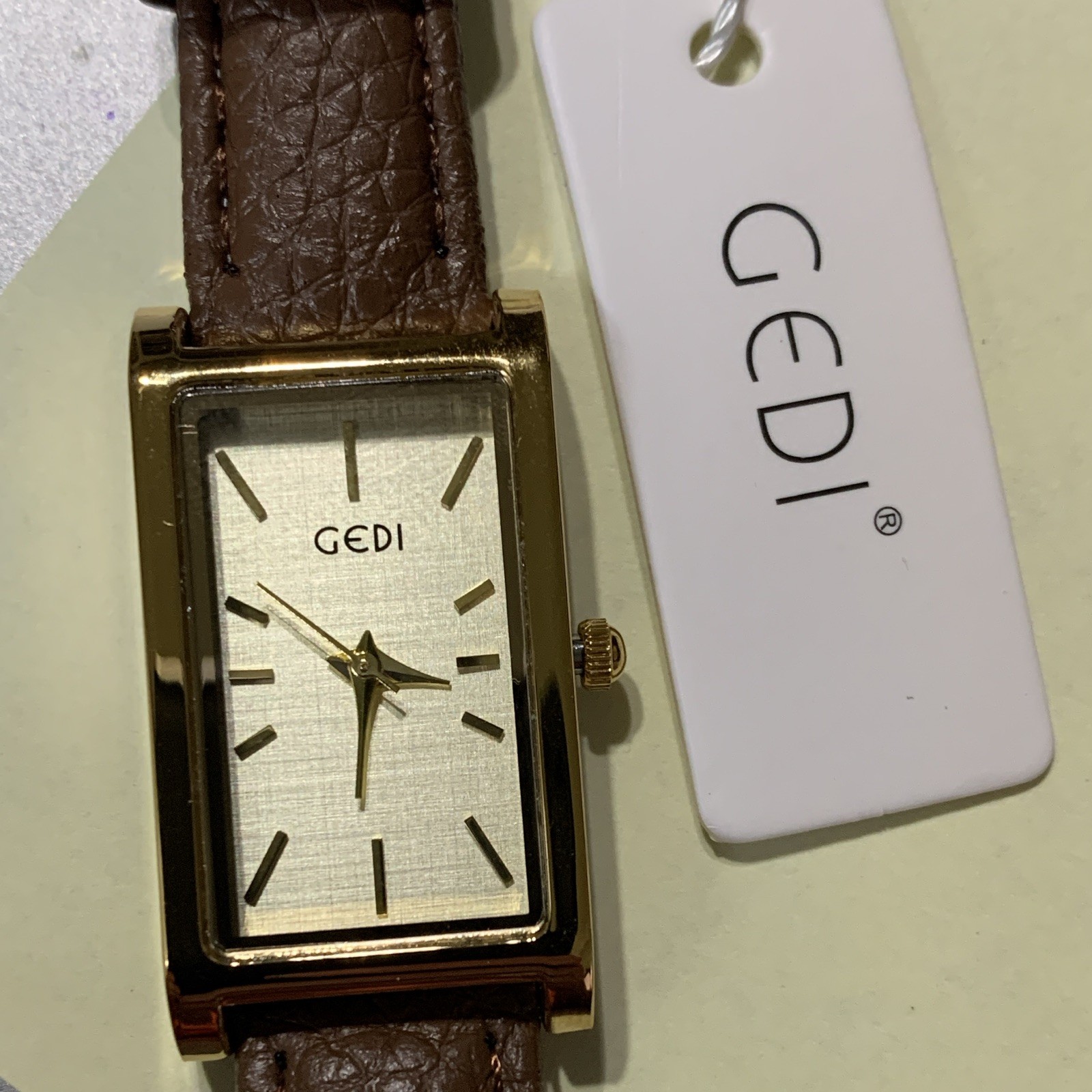 GEDI Women’s Rectangular Gold Tone Silver Dial Quartz Watch Brown Leather Strap