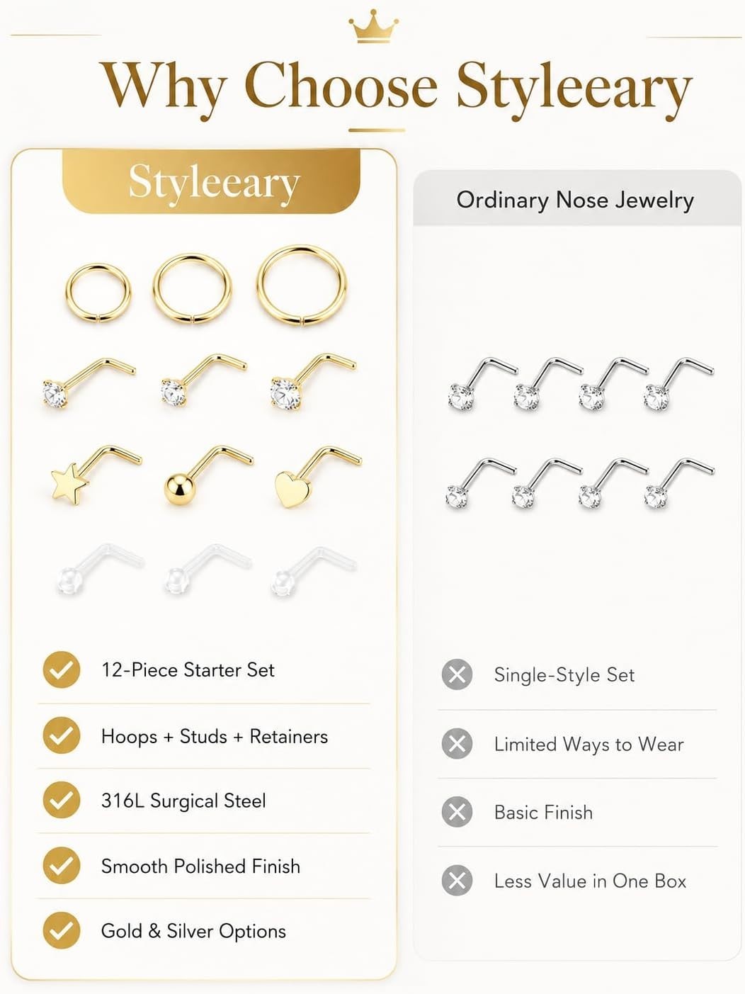 Fashion-Forward 12PC Gold Plated Nose Rings and Studs – Perfect for All Styles
