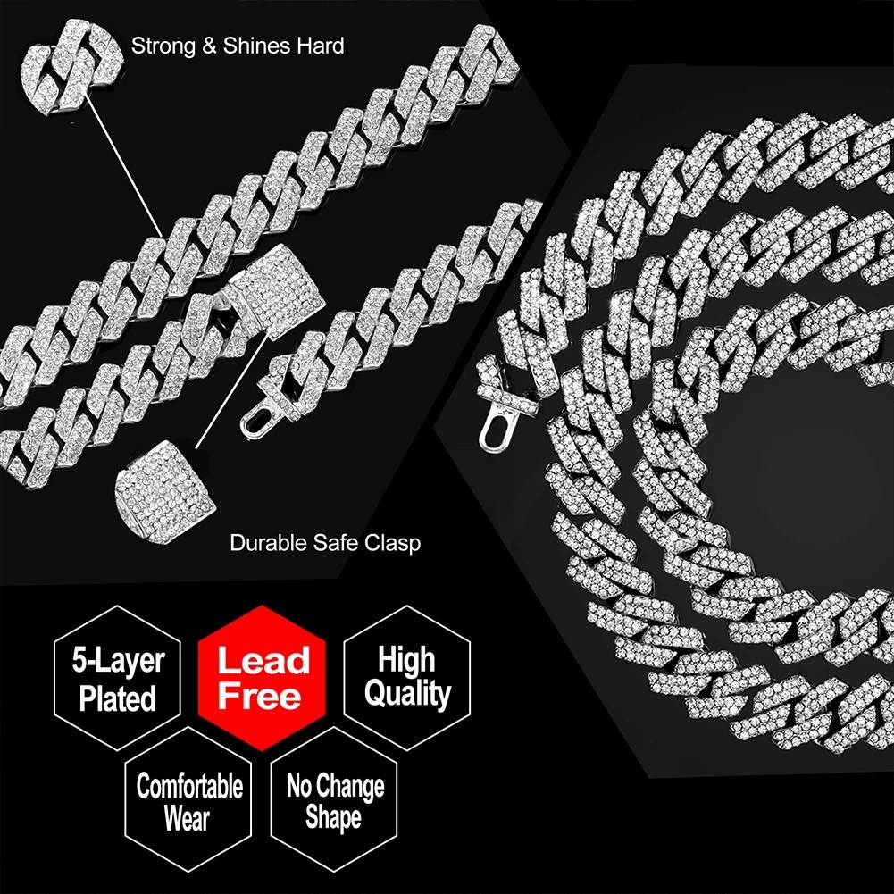 Cuban Link Chain & Bracelet Set CZ Hip Hop Iced Out Bling Gold Silver