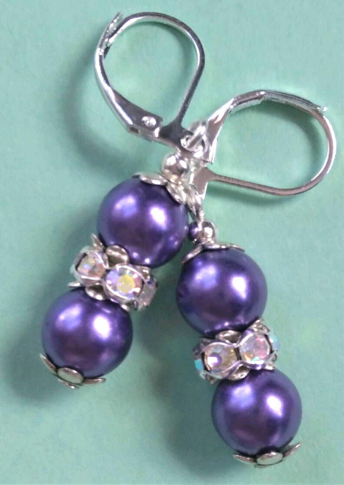 PURPLE GLASS PEARL & Crystal earring SP Leverback handcrafted #400-1