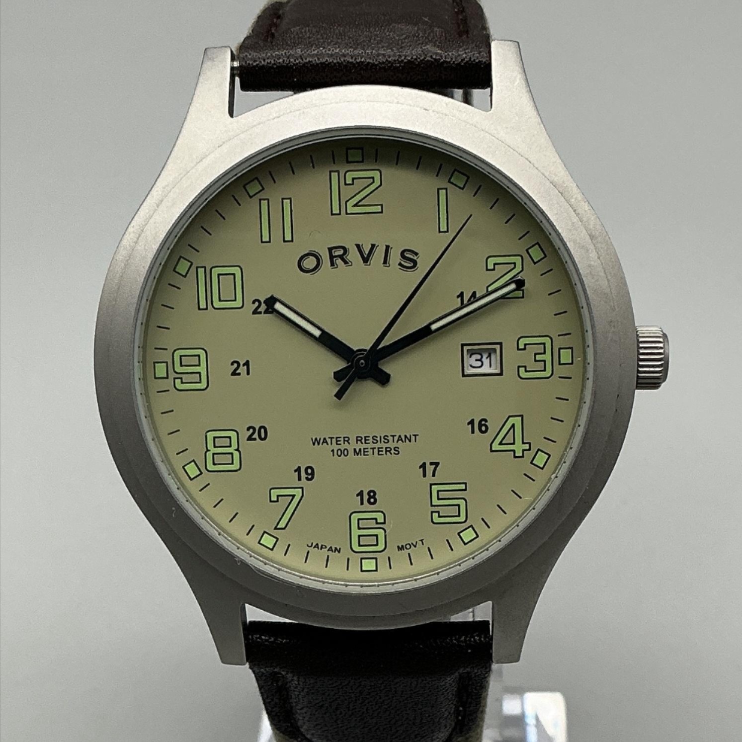 Orvis M364 Mens Watch 42mm Cream Dial Brown Green Canvas Leather Date Quartz