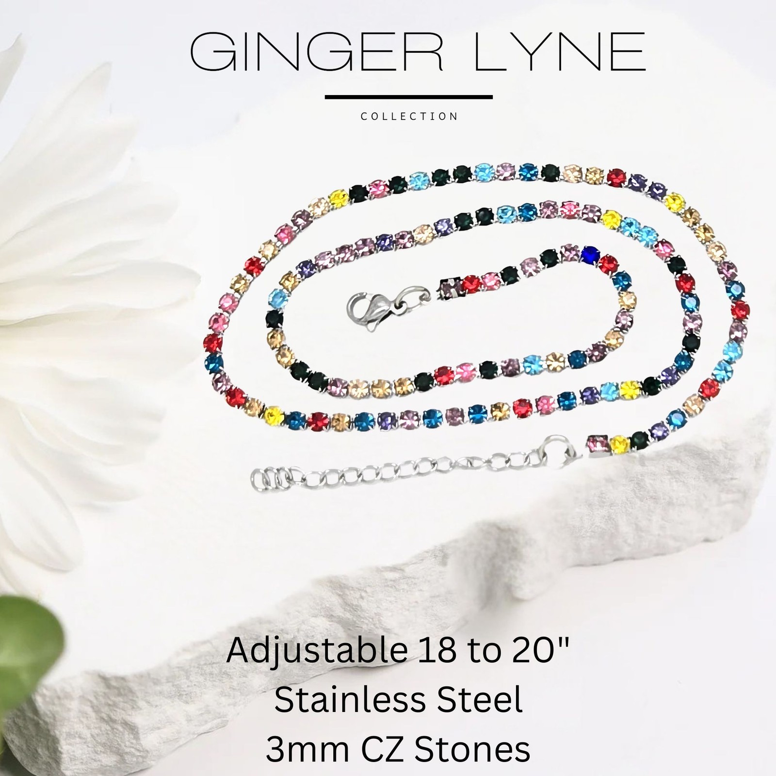 Colorful Tennis Necklace for Women 3mm Cubic Zirconia 18-20″ Adjustable Lengt…