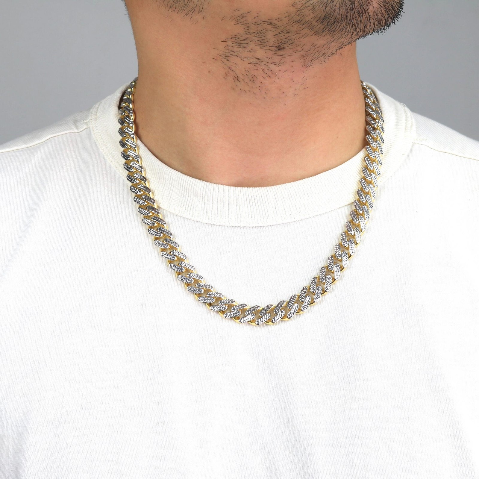 10K Yellow Gold Monaco Miami Cuban Pave Diamond Cut Chain Necklace, 7.5mm- 15mm