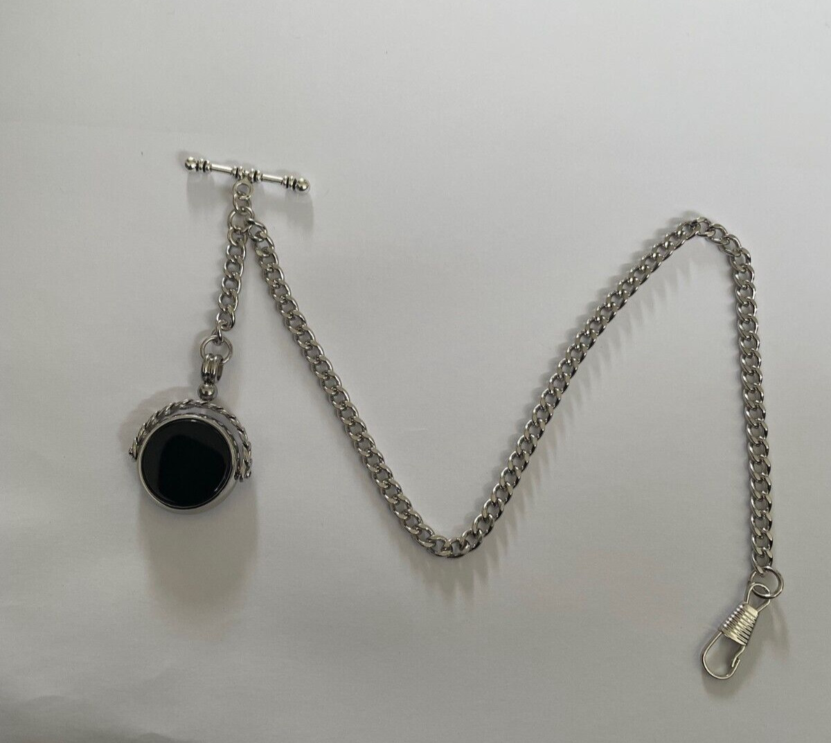 s vintage type single albert silver plated pocket watch chain spinning fob stone
