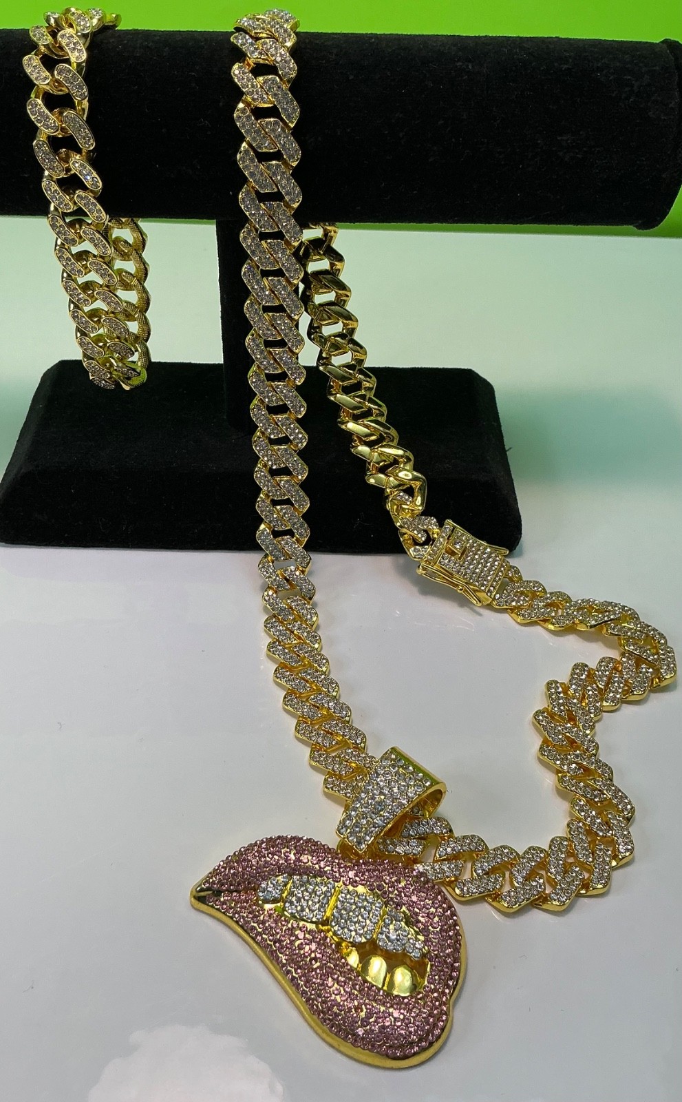 Biting Lip Pendant Necklace Bracelet Lot Hip Hop Iced 20” Inches CZ Chain Cuban