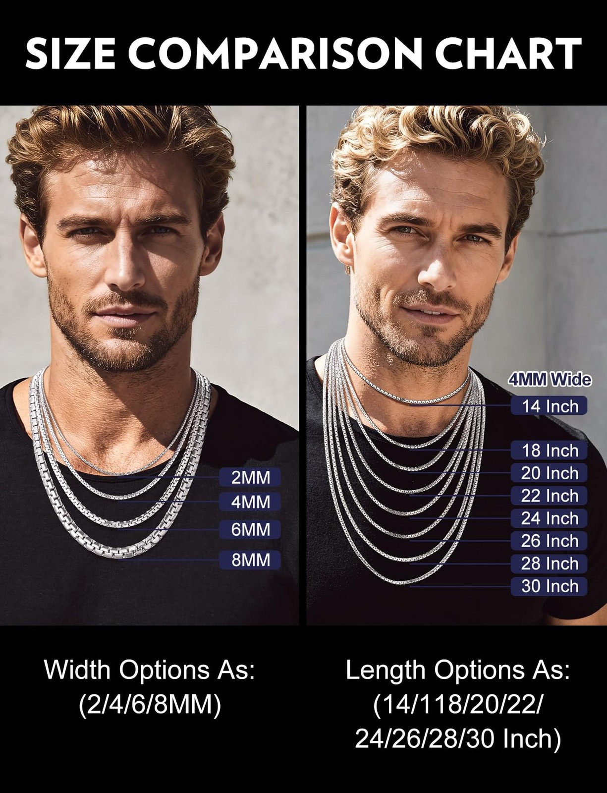 Mens Chain Necklace 24 Inch 4MM Cable Rope Chains Stainless Steel Silver Fash…