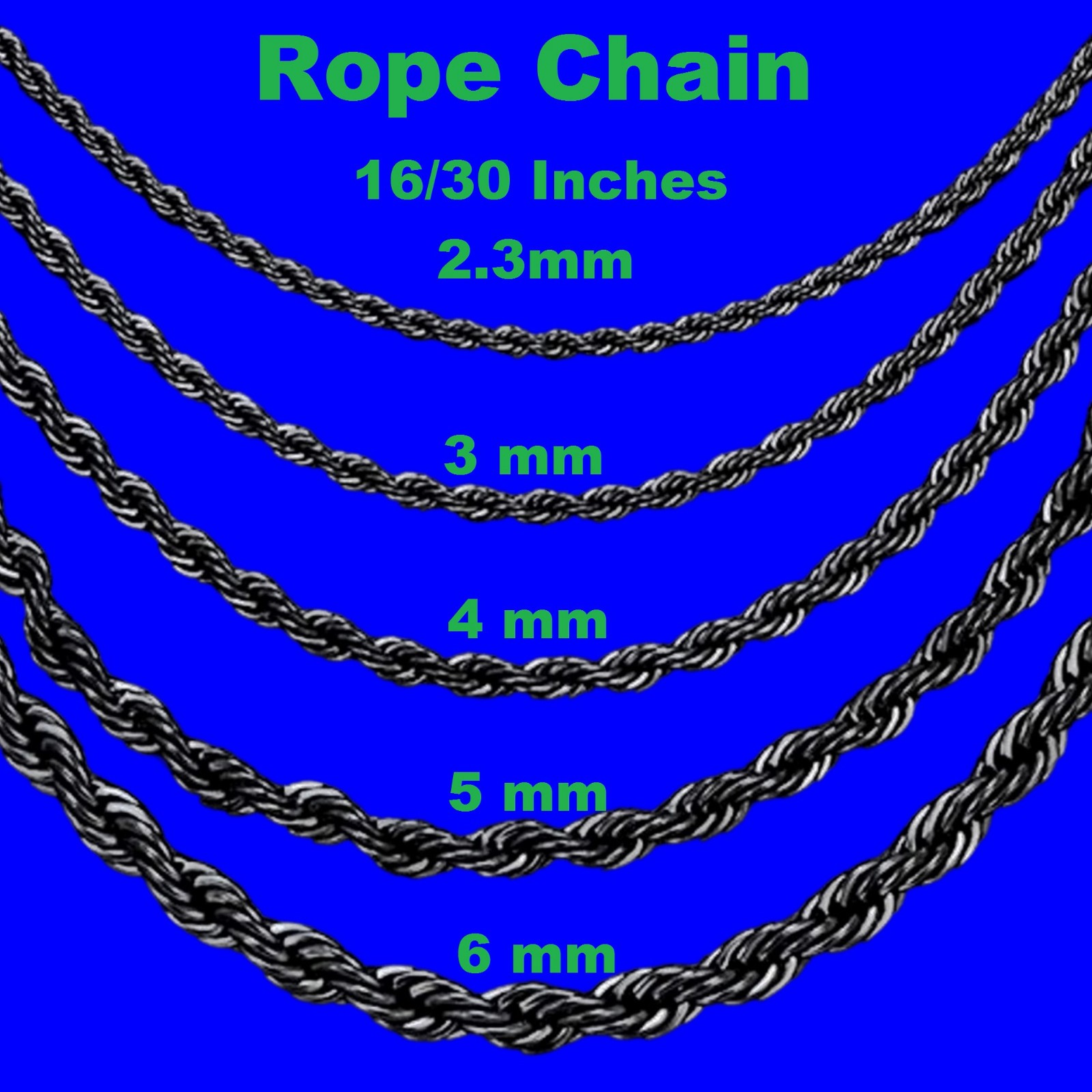 Chain Necklace Wheat stainless steel Black for men&women, 16/ 30 in, 3/4/5/6/7mm