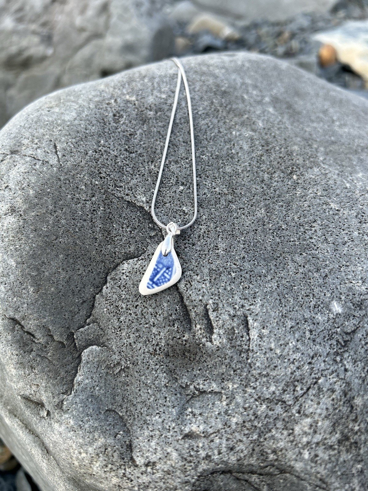 Genuine Pottery Sea Glass Necklace Stainless Steel Snake Chain 18 Inch
