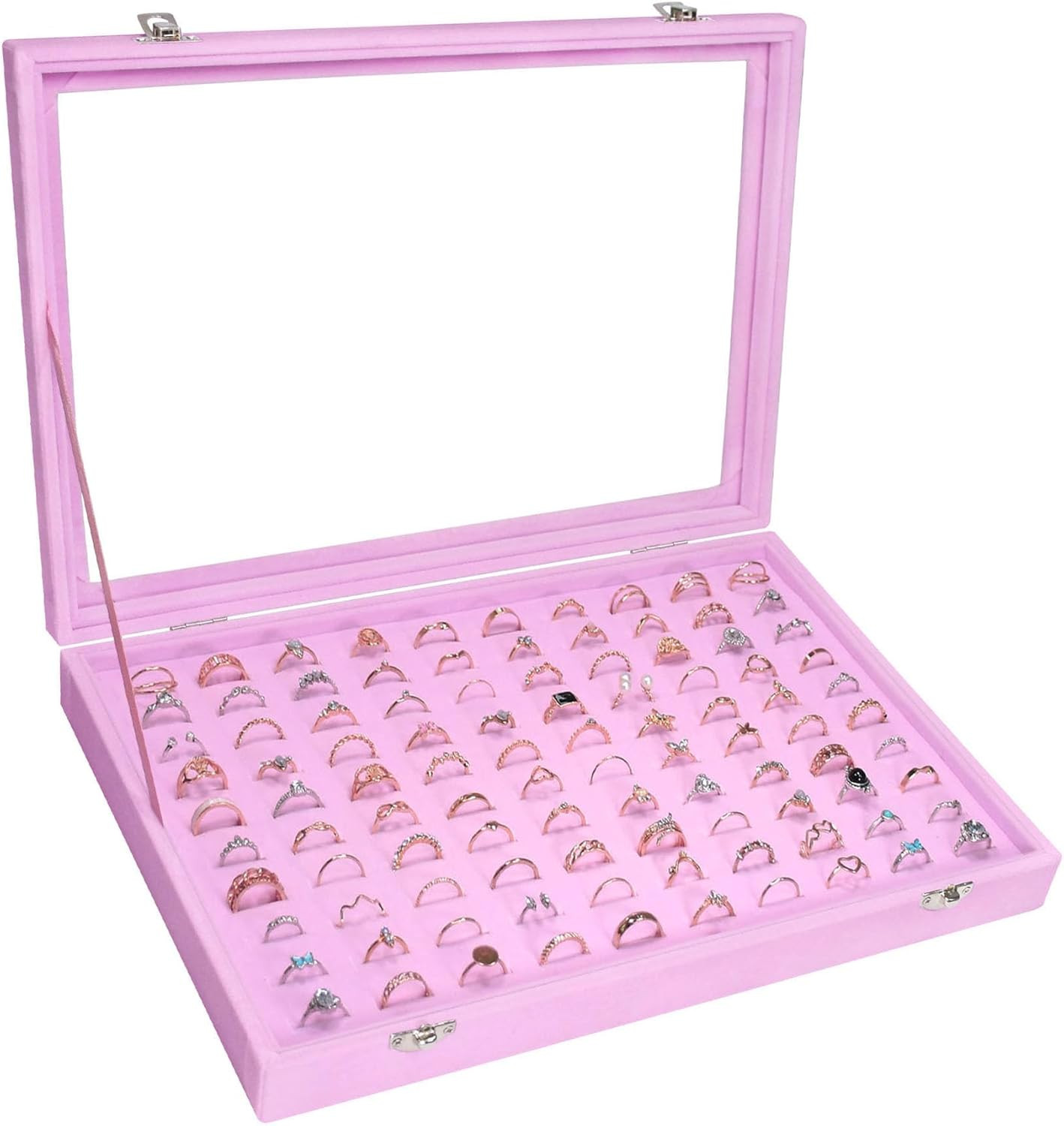Velvet Ring Display Tray 100 Slot Jewelry Organizer Box Earring Holder Clear Lid