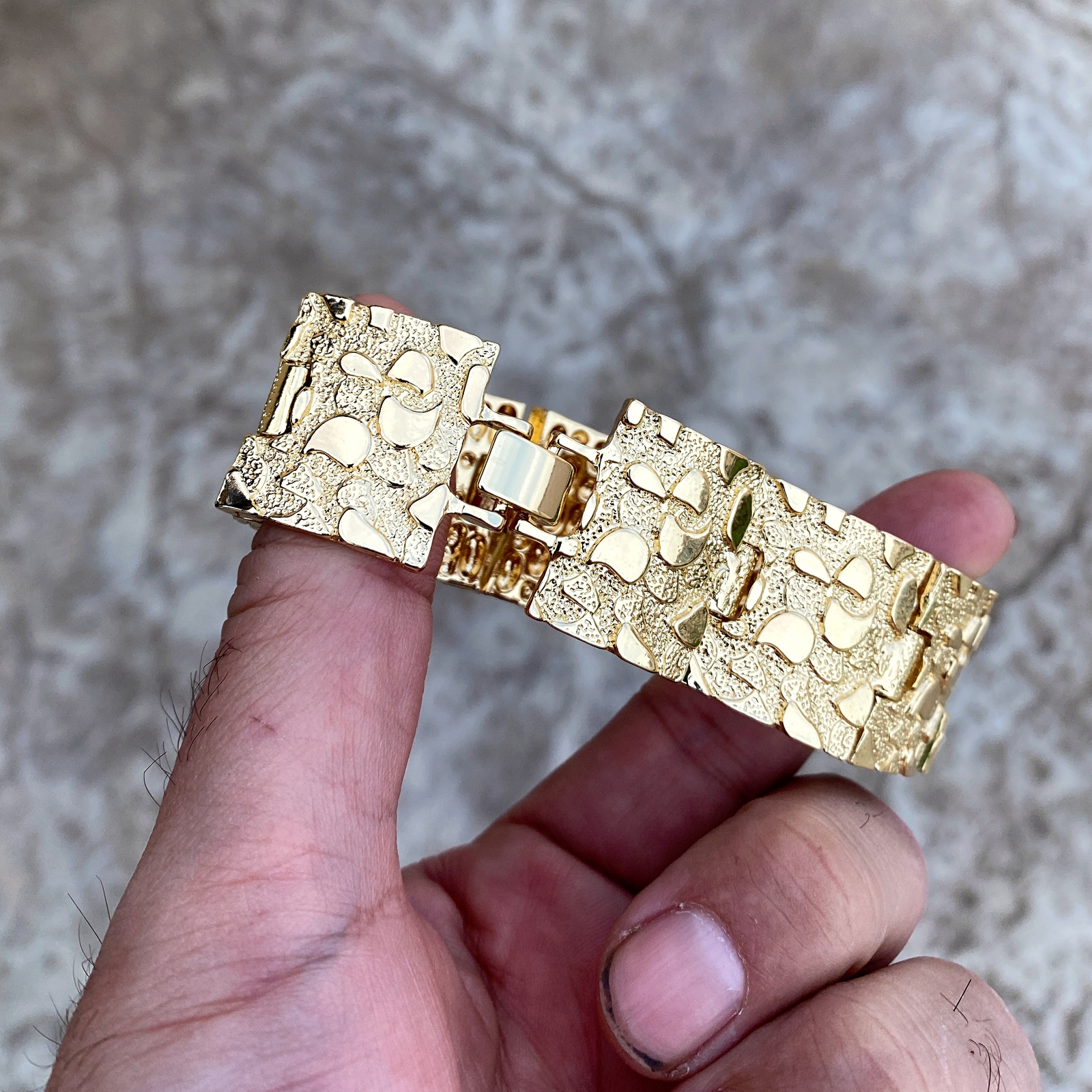 Men’s 14K Gold Plated “Gold Nugget” Heavy Hip Hop Bracelet Big 24MM Thick 8″ in