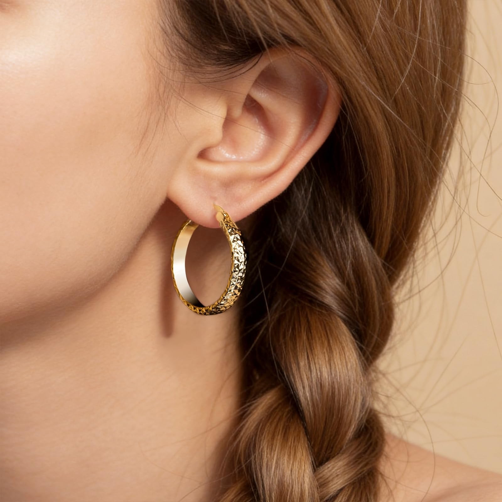 14K Yellow Gold Hoop Earrings for Women 4.4mm*25mm Trendy Diamond Cut Texture…