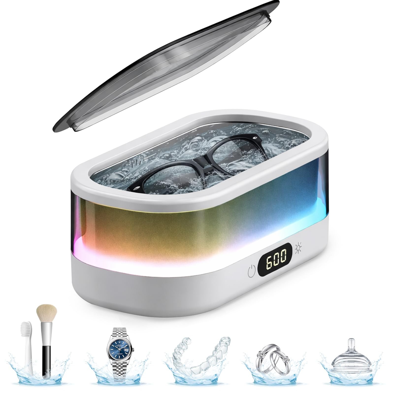 Ultrasonic Jewelry Cleaner 48KHz with RGB Lights, 350ML Stainless Steel Tank, Du