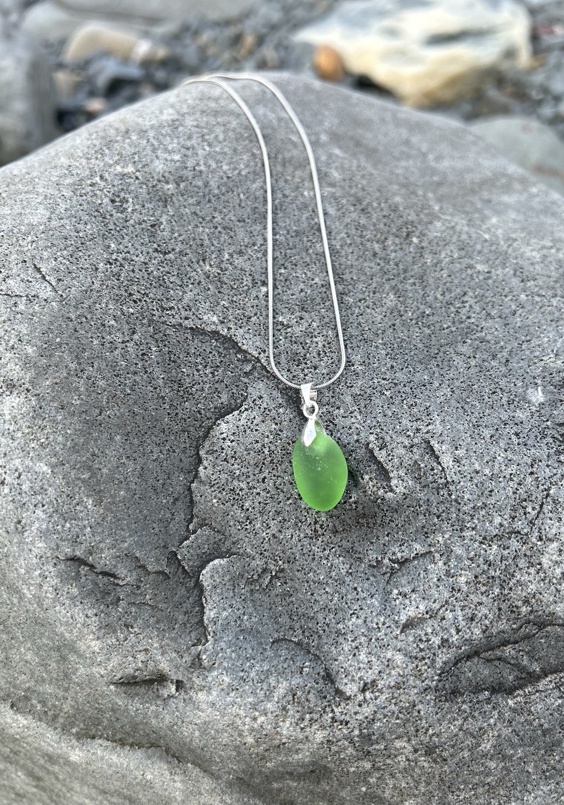 Genuine Green Sea Glass Necklace Stainless Steel Snake Chain 18 Inch