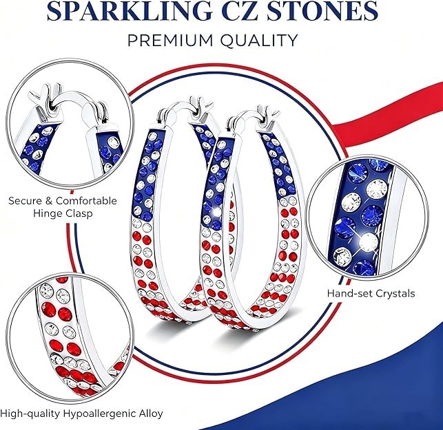 American Flag Red White Blue Crystal Hoop Earrings for Womens