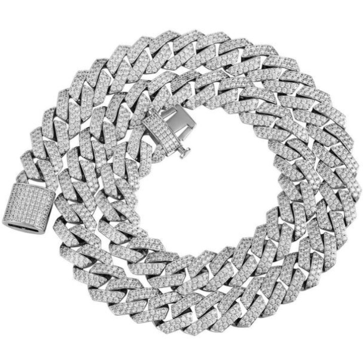 White Gold Plated Full Iced CZ Out Stainless Steel Mens Cuban Link Chain 15MM