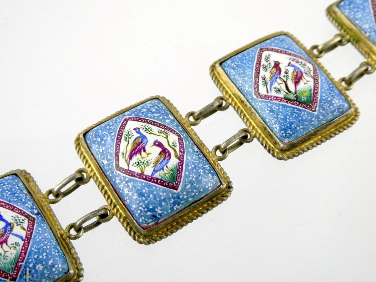 Vintage Sterling Silver Enameled Porcelain Panel Bracelet Bird Designs 6 7/8 In