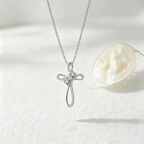 Gold Twisted Ribbon Cross Pendant Necklace with Sparkling Zircon for Women Gift