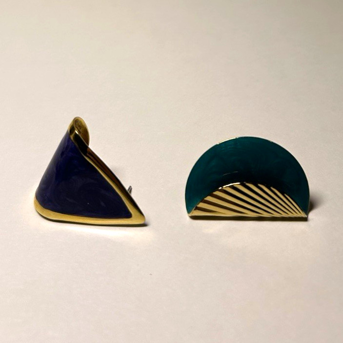 Geometric Enamel Metal Stud Earrings Multicolor Blue Triangle Lobe No Stone