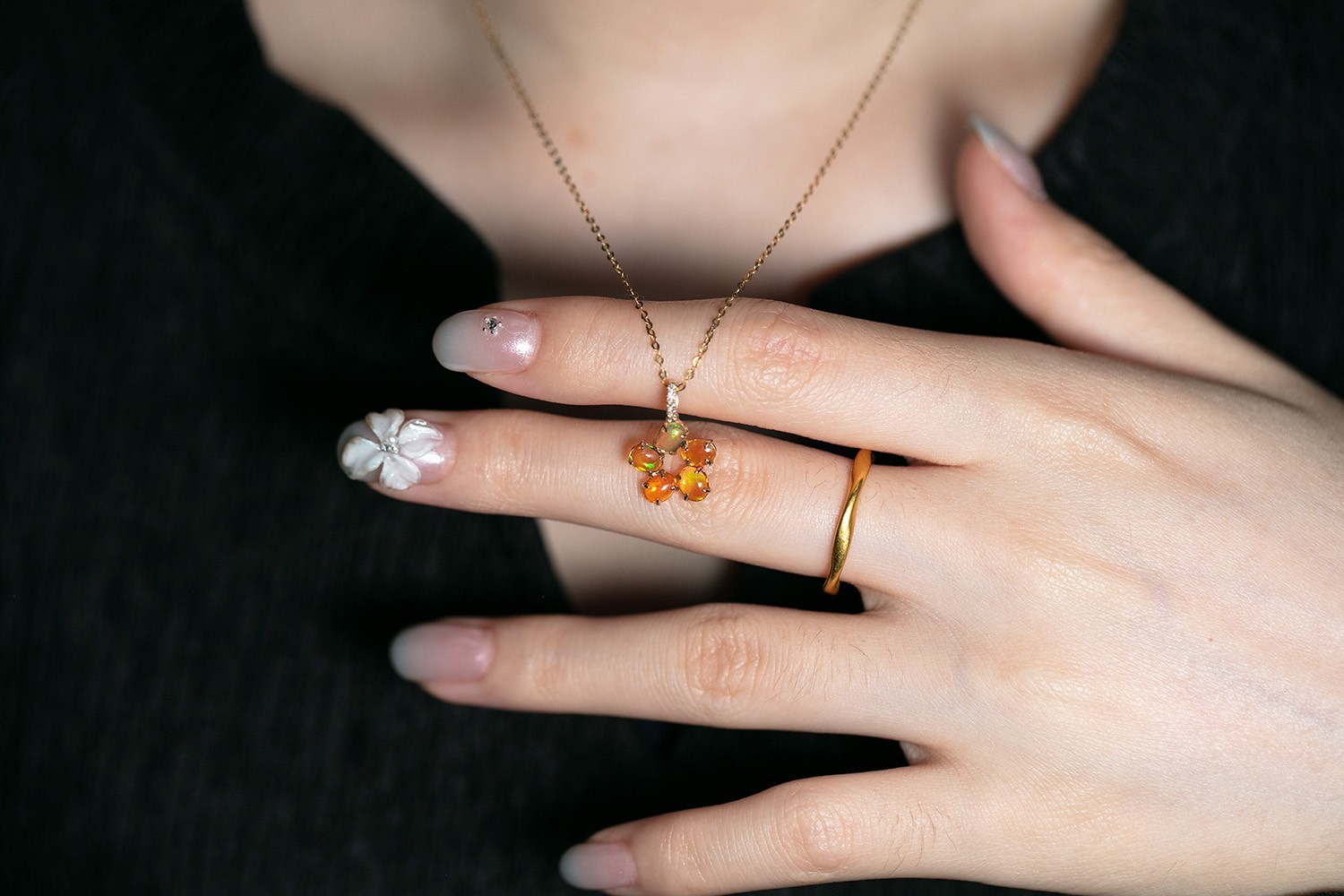 Flower Design Mexican Fire Opal Diamond Pendant Necklace 14k Yellow Gold