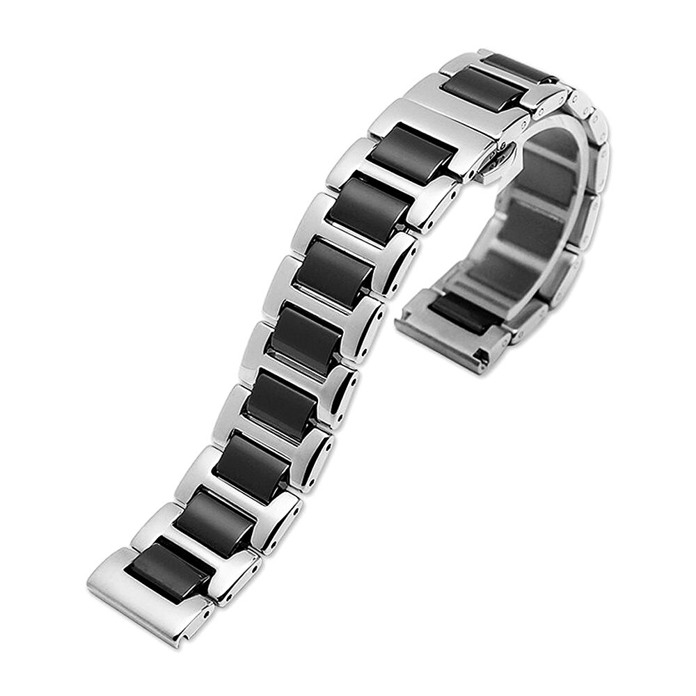 14mm 16mm 18mm 20mm 22mm Black White Stainless Steel + Ceramic Watch Strap Band
