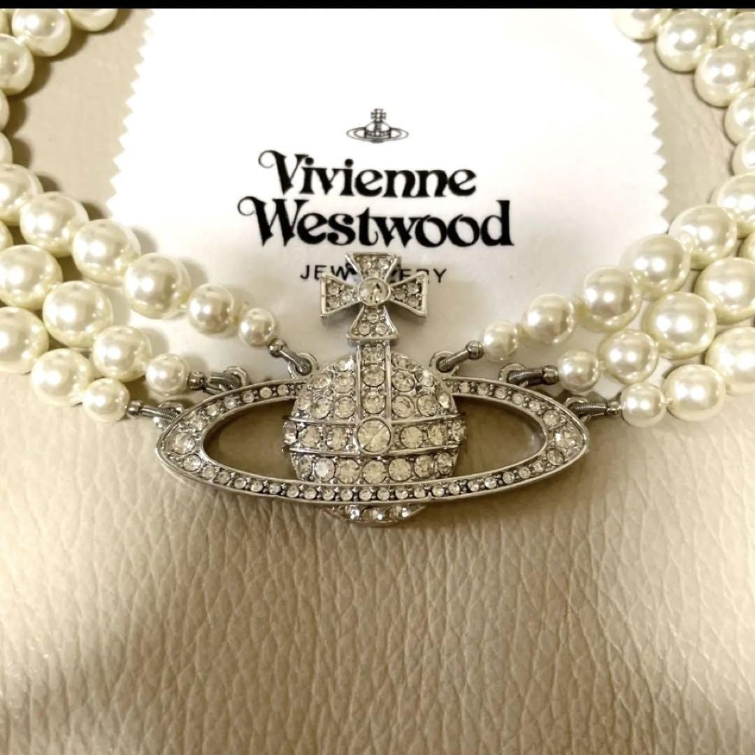 Vivienne Westwood Necklace 3-strand Pearl Choker Silver 40cm w/Pouch NO BOX