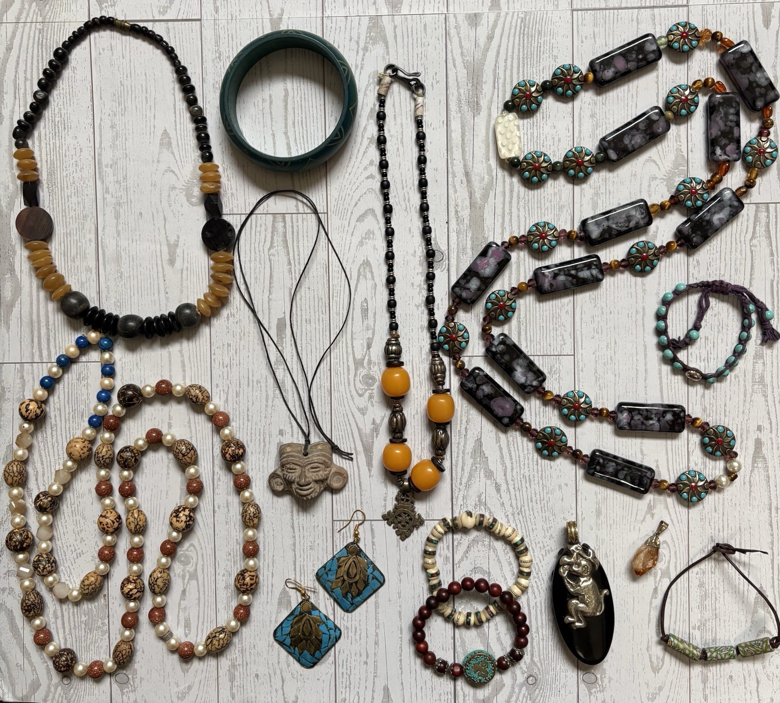 Vintage Tribal Nepal Tibetan Jewelry Lot Carved Trade Beads Nuts Stones Resin