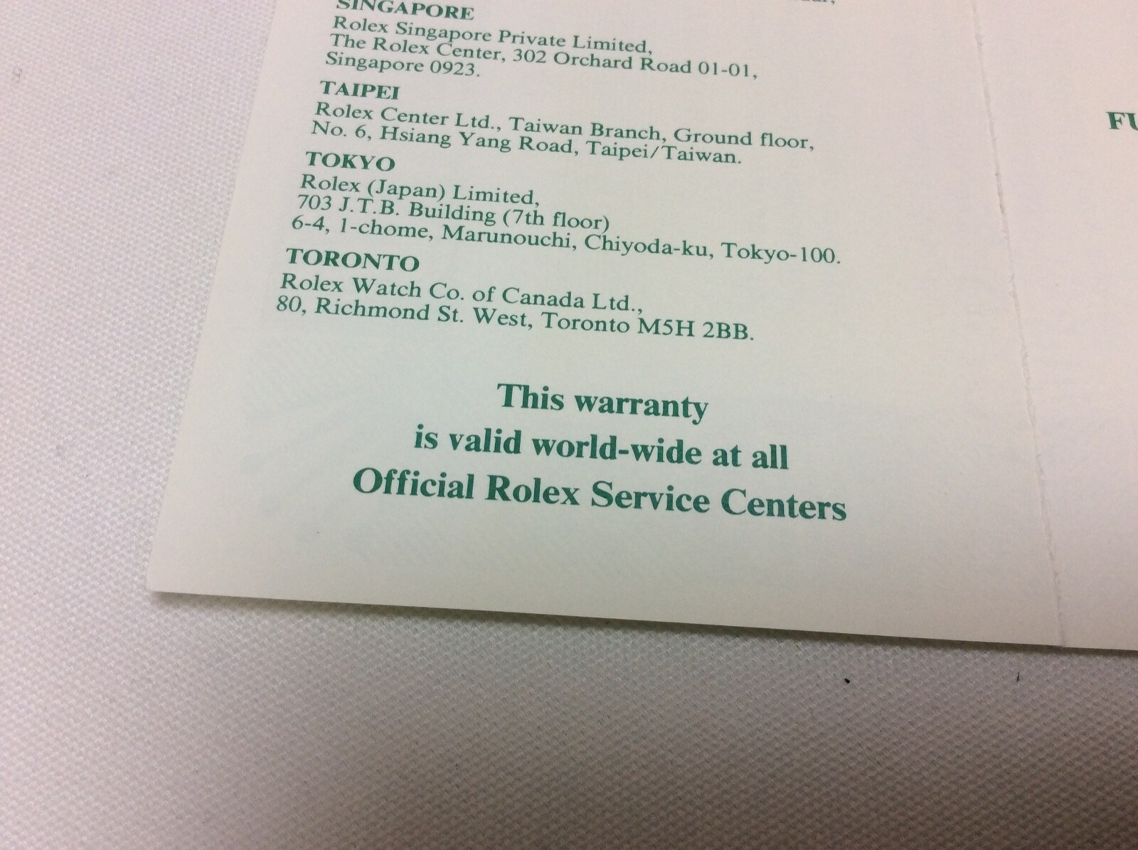 ROLEX FULL ONE YEAR WARRANTY 568.06.40.3.88 / Accessories for Collectors