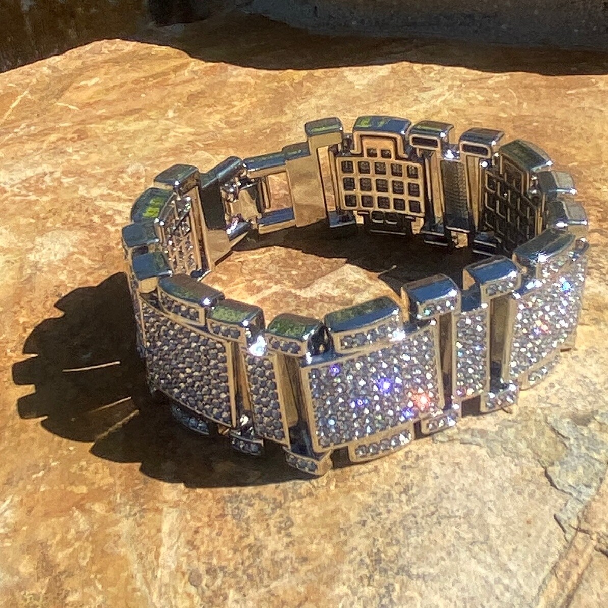 Men’s Hip Hop Bracelet CZ Micro Pave Flooded Out Silver Tone Heavy Iced 23MM 8″