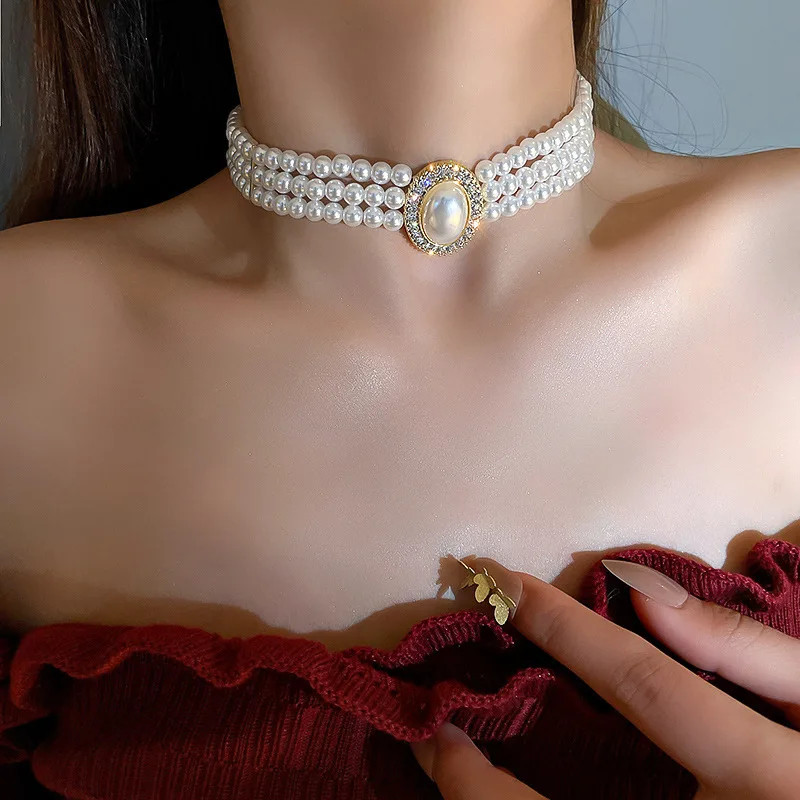 Multi Layer Pearl Necklace, Women’s Jewelry Set with Diamonds Imitation Pearl