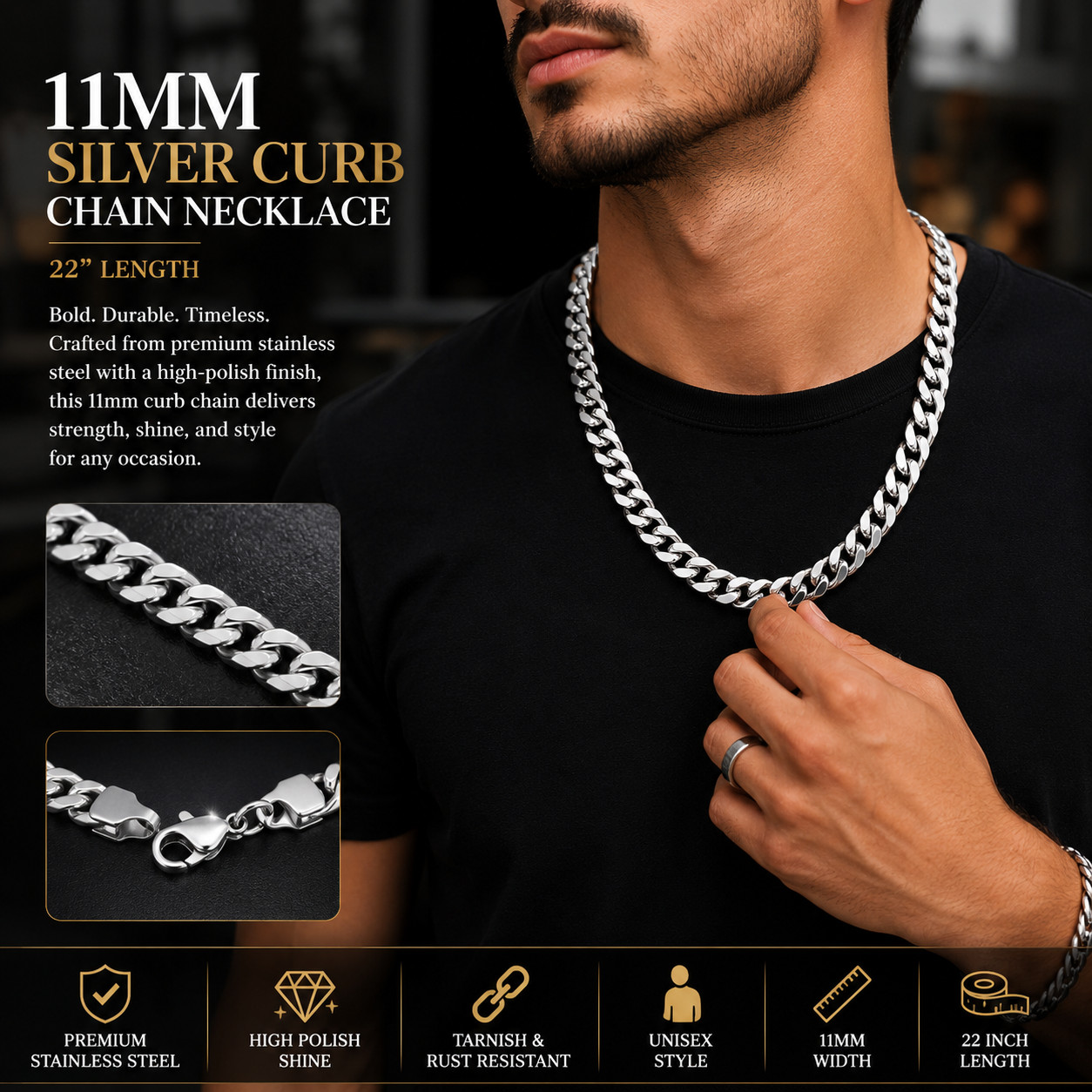 11mm Silver Curb Chain Necklace – 22″ Stainless Steel Heavy Link for Men & Unise