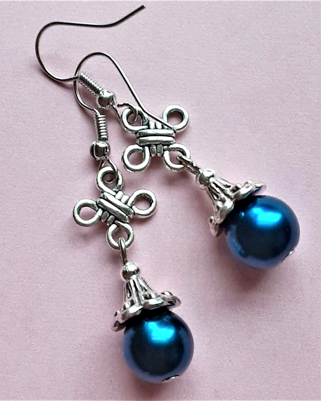 NAVY BLUE CELTIC KNOT GLASS PEARL drop earring SP FISH hook WPGH15