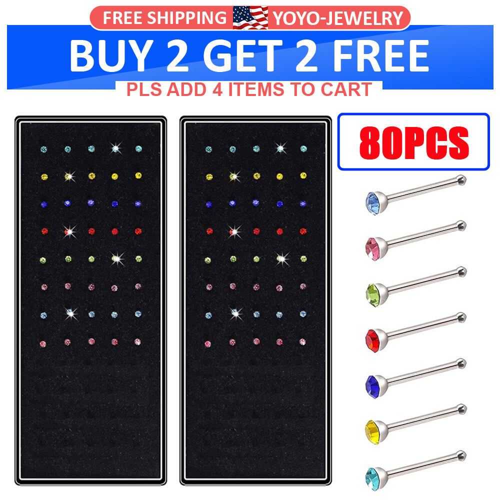 200pcs Surgical Steel Nose Studs Rings Multicolor Crystal Straight Bone Stud 20G