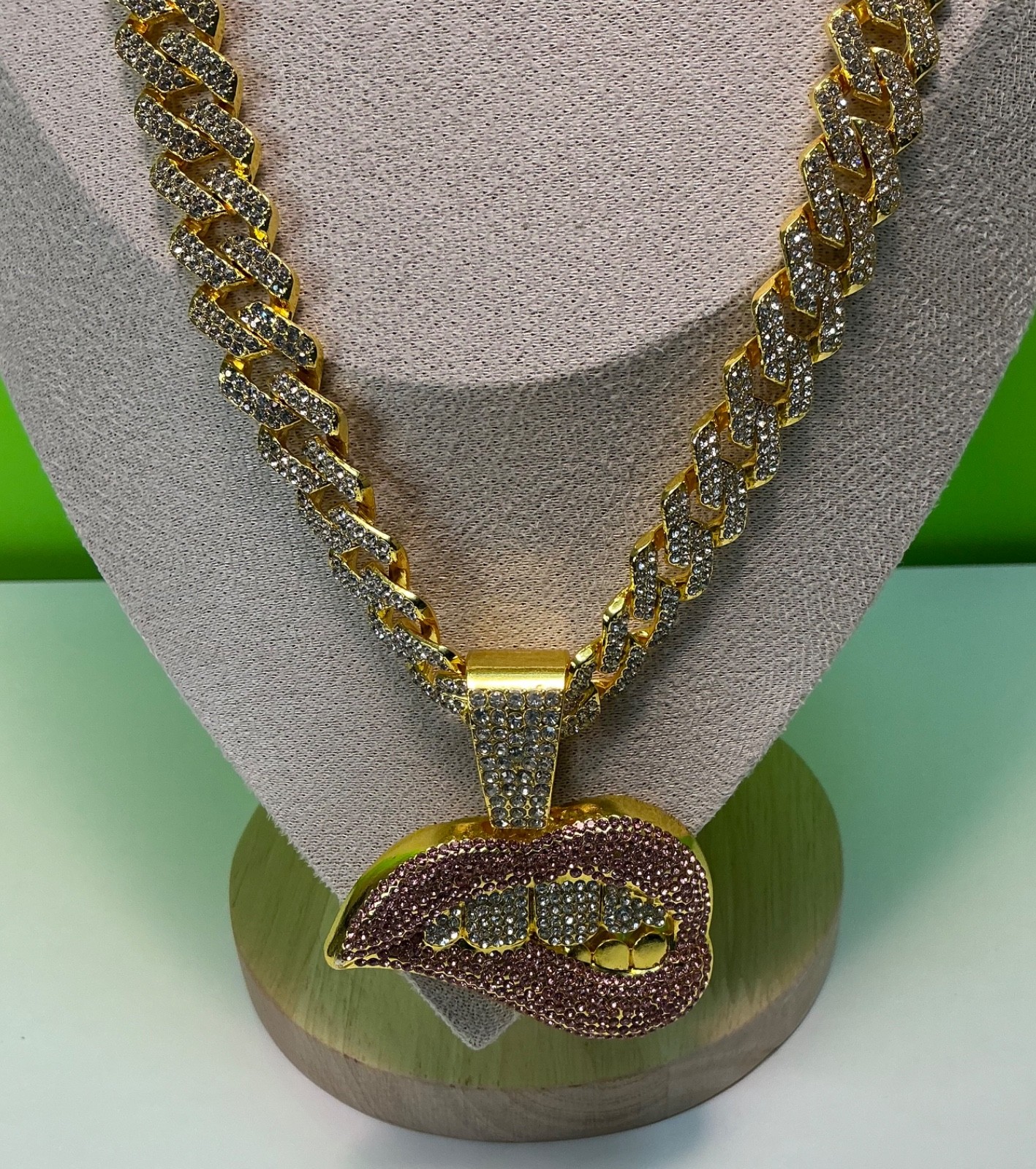 Biting Lip Pendant Necklace Bracelet Lot Hip Hop Iced 20” Inches CZ Chain Cuban