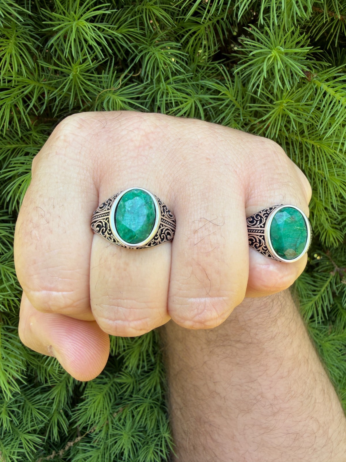 Real Columbian Green Emerald Stone Mens Solid 925 Silver Ring – Oxidized Vintage