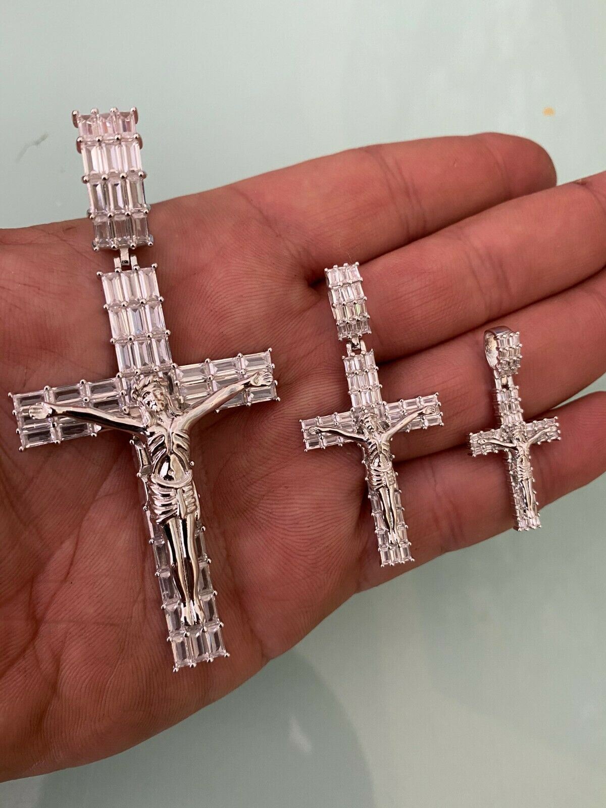 Solid 925 Sterling Silver Cross W. Jesus Pendant Baguette Iced CZ Necklace Big