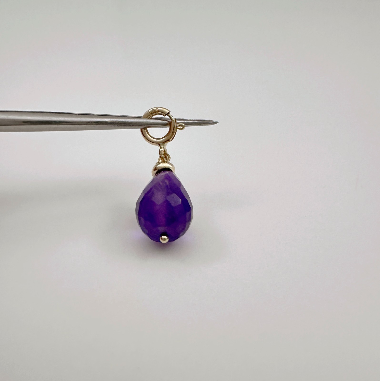 14K Solid Yellow Gold Small Amethyst Briolette Charm Pendant w/Spring Clasp