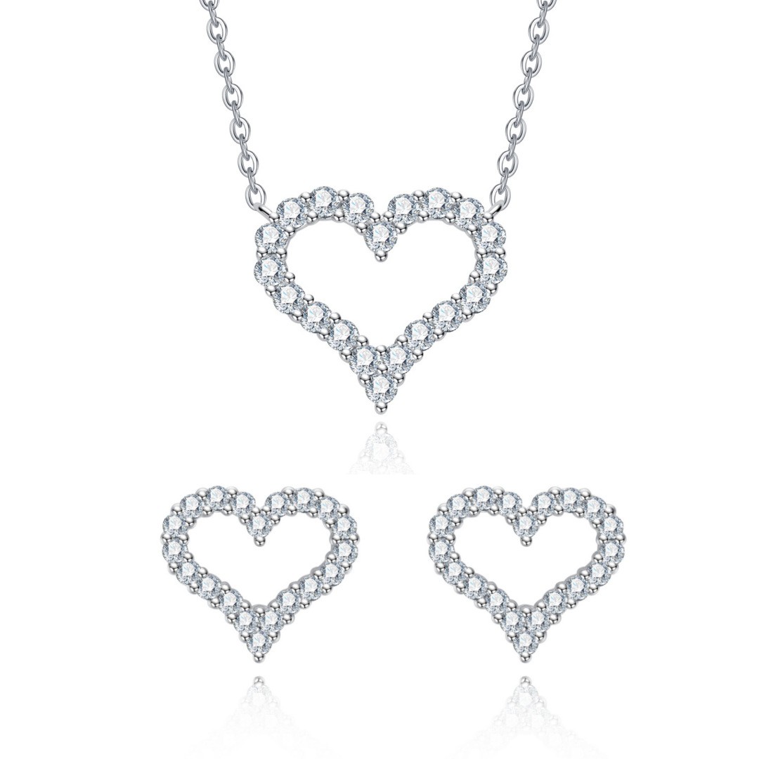 Fashion 925 Sterling Silver Moissanite Love Heart Necklace Stud Earrings Set